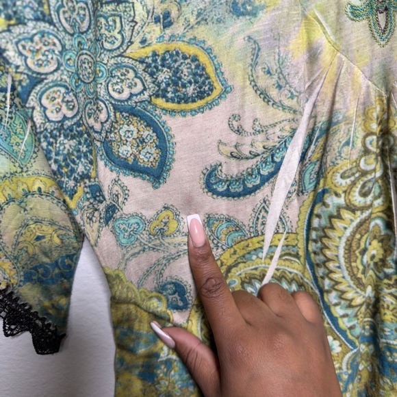 One World Women Forest Fairy Top XL Green Paisley Lace Flare Sleeve V-Neck Gobli - Picture 8 of 11